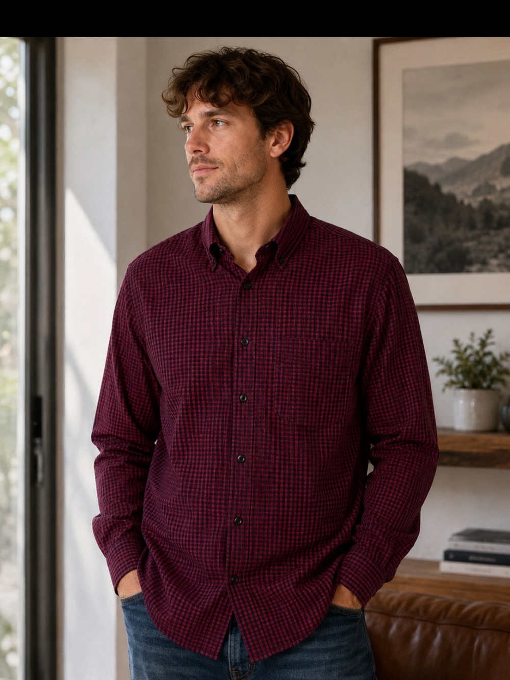 Hawker Rye Men's Burgundy/Navy Blur Checker Button-Down Shirt